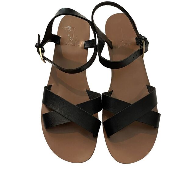 J. CREW Black Criss Cross Leather Sandals Size 10 - Picture 1 of 8